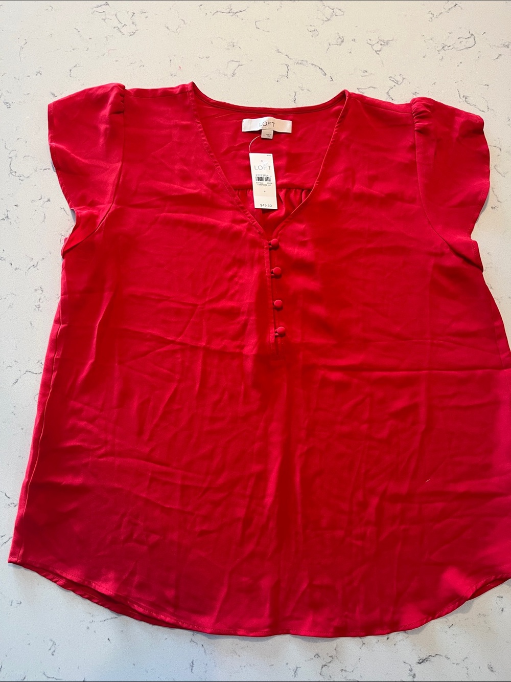 LOFT Bright Red V-Neck Cap Sleeve Blouse with Covered Buttons